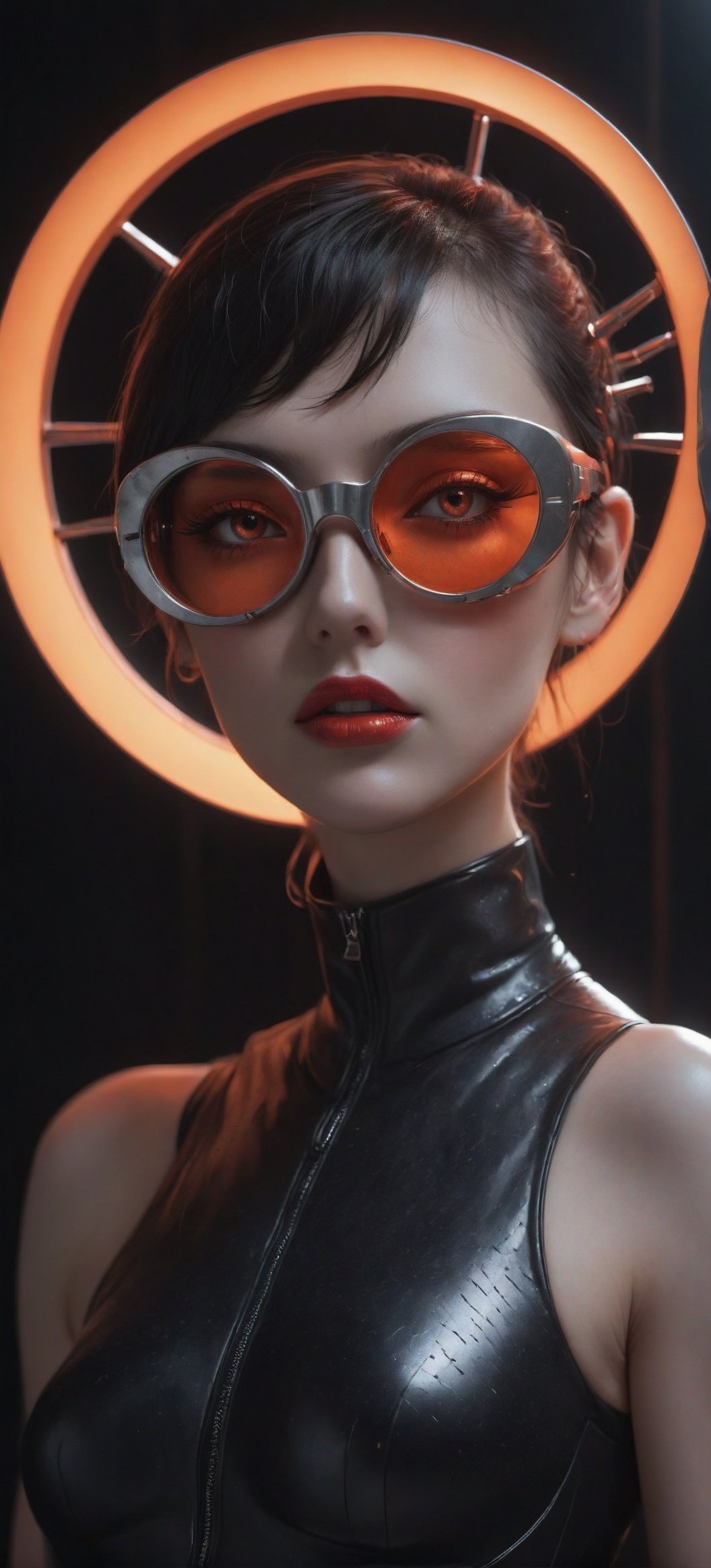 a woman wears and wears black dots on her head, in the style of futuristic fantasy, 3d, metallic sculpture, elegant, c1bo, emotive faces, dark Orange and red and light silver,her eyes wearin a futuristic sun glasses algorithmic artistry, high resolution