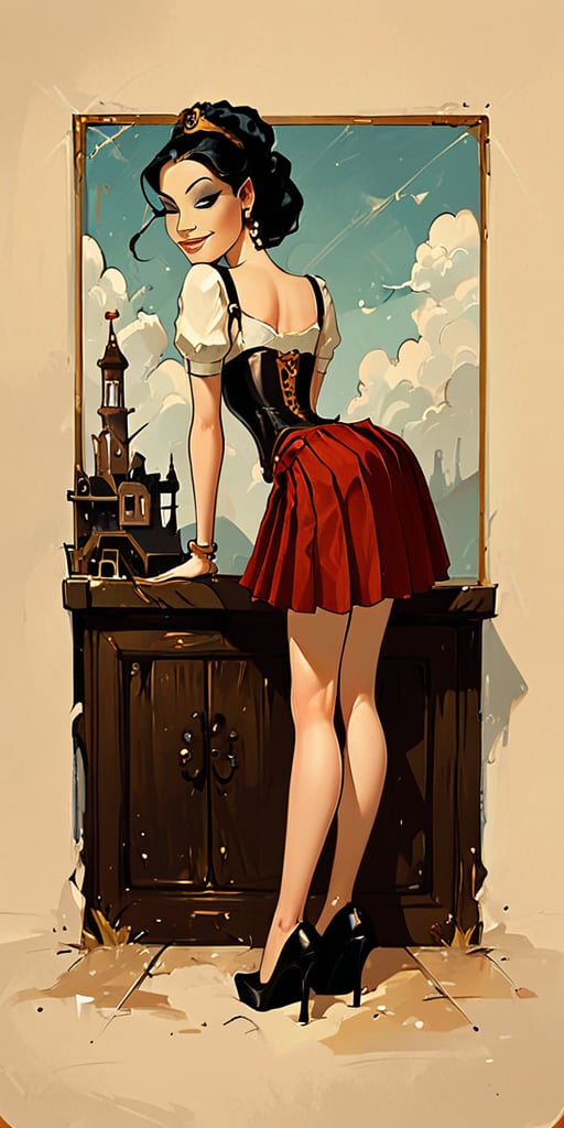 score_9, score_8_up, score_7_up, masterpiece, best quality, steampunk aesthetic, photograph from side of a sexy brunette woman leaning into the engine compartment of a complicated flying machine. she is wearing a copper colored mini pleated skirt and black corset, she is using a wrench. She is looking back over her shoulder at the viewer, long black hair framing her sultry face, her slight smile and perfecteyes lending an air of mystery. Her lithe body bending over to work on the intricate engine, she accentuates the curve of her ass, Amy