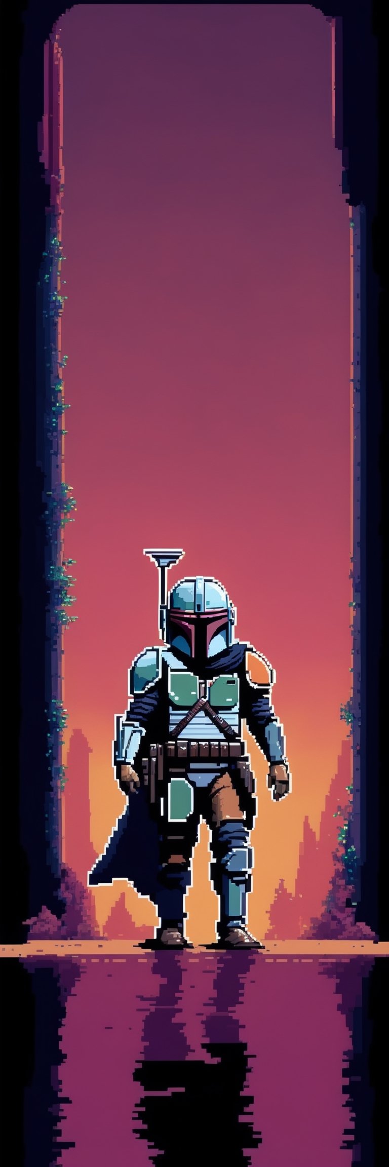 (1guy), (full body), Pixel-Art Adventure featuring a guy: Pixelated The Mandalorian character walking on Nevarro, vibrant 8-bit environment, reminiscent of classic games.,Leonardo Style, Starwars, Monkey Island style,pixel art