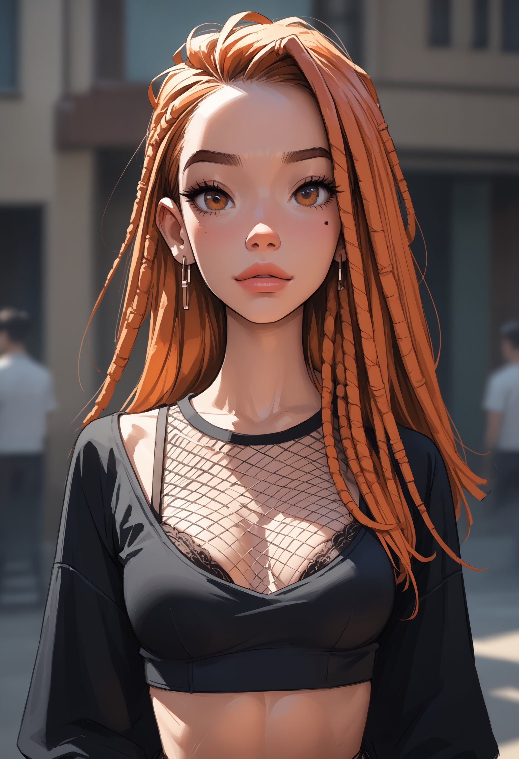 score_9, score_8_up, score_7_up,source_anime,1girl,solo,orange hair,long hair,dreadlocks, ear,hair behind ear,hazel eyes,perfecteyes,mole under eye,eyebrows,fishnet tshirt,bra,black tshirt,midriff,sinozick, depth_of_field, dieselpunk background,