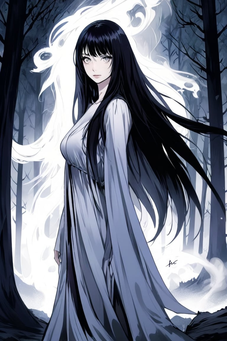 (ethereal dark tale by Tim Sale), young anime yurei girl, hazel eyes, black on white smoke layer, long straight black hair over eyes obscuring one eye, long black hair, wearing a loose plain white cotton nightgown, Hair over eyes, pale skin, bare feet, fight stance in a dark forest, (dark + gothic, + foreboding background:1.4), more detail XL,dark aura,Anime Style