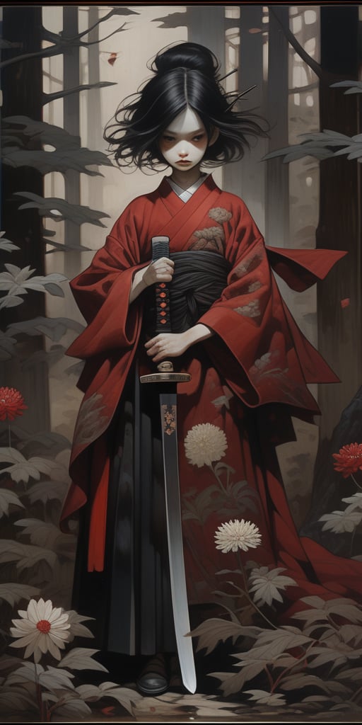 (ethereal dark fairy tale by Nicola Samori, JC Leyendecker), young anime girl standing thé ground in a dark forest holding a bloody katana with the tip pointing up, dark red kimono, chrysanthemum floral décoration, (dark + gothic, + foreboding background:1.4), more detail XL