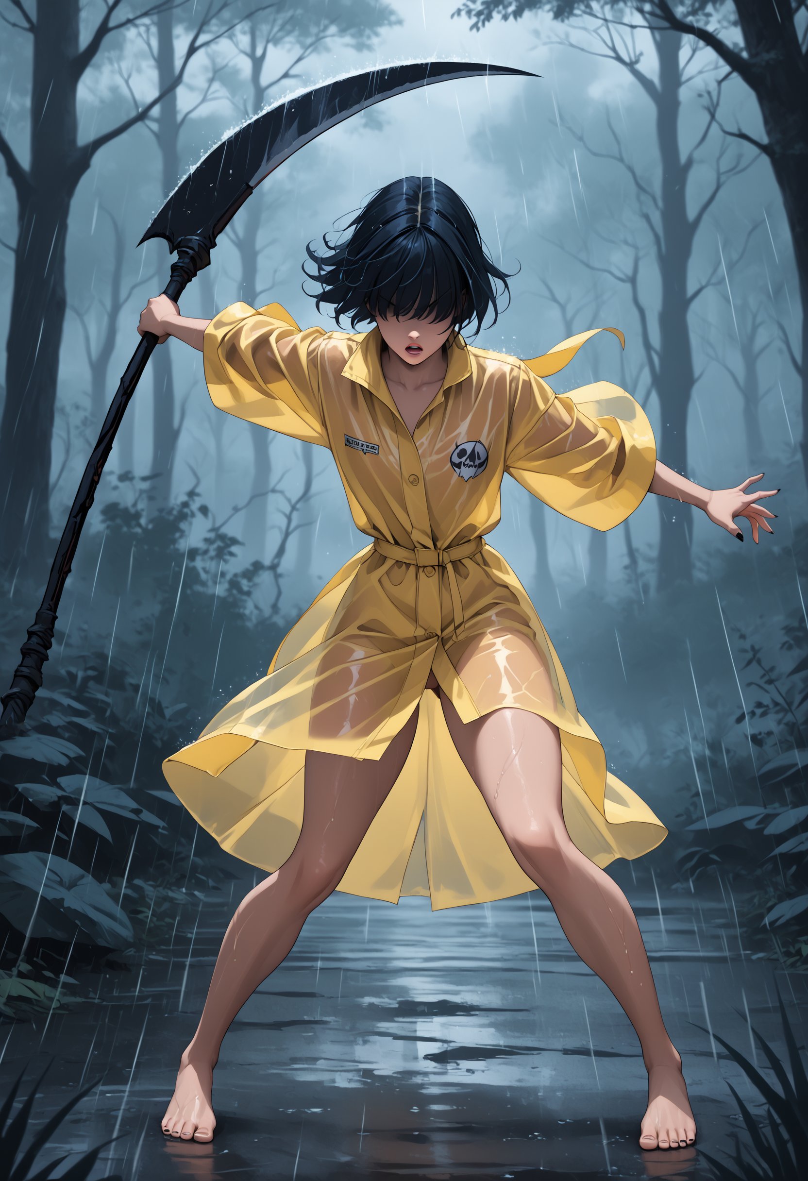 score_9,score_8_up,score_7_up, (ethereal dark fairy tale by Nicola Samori, JC Leyendecker), 1girl, Yurei, wearing a yellow raincoat, naked under raincoat, Raincoat over head, Hair covering eyes, Short black hair, fight stance in a dark forest, bare feet, (fight stance with a scythe:1.3), scythe in her hand, (dark + gothic, + foreboding background:1.4), more detail XL, rainy 