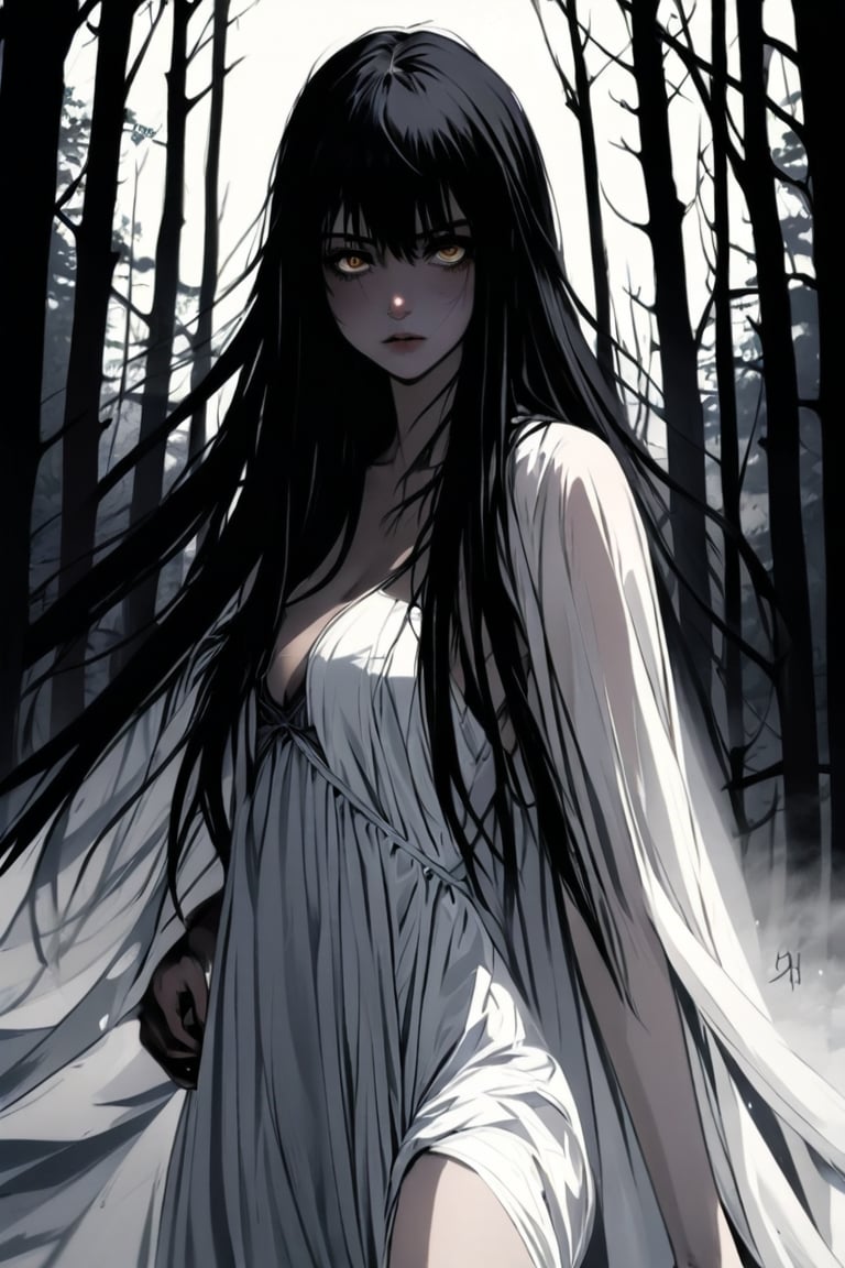 (ethereal dark tale by Tim Sale), young anime yurei girl, hazel eyes, black on white smoke layer, long straight black hair over eyes obscuring one eye, long black hair, wearing a loose plain white cotton nightgown, Hair over eyes, pale skin, bare feet, fight stance in a dark forest, (dark + gothic, + foreboding background:1.4), more detail XL,dark aura,Anime Style