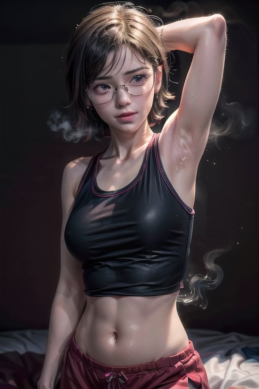 Realistic, (((Photorealistic))), beautiful girl (((masterpiece))), (((hd shot))), absurdres, (((intricate details))), (colorful),((cinematic lighting)),bust shot,(((extremely detailed CG unity 8k wallpaper))),1girl, short hair, sarada uchiha, ((full red tank top)), red shirt, smile, lying_down, red glasses, bed,flowing hair, showing armpit, sexy body, exposed stomach,sweat_drops, steaming_body, black eyes,sarada