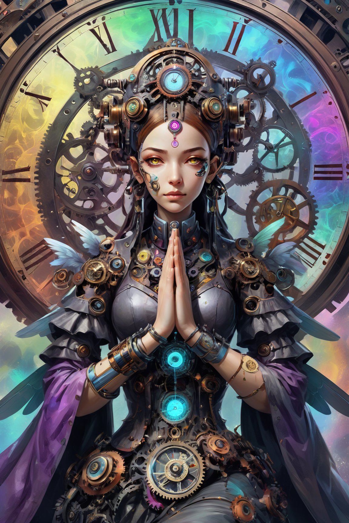 front_view, Colorful beautiful praying woman, as beautiful as an angel, raibow ink flow, intricate_detailed, calligraphy, acrylic,  fractal art, professional, dificult, maximalist, marton bobzert, fantastic, insane dificult, intricate background, elegant, expansive, mechanically tailored, retro, time, weatheringclock, gears, high_res, cyborg style, greg rutkowski, steampunk style