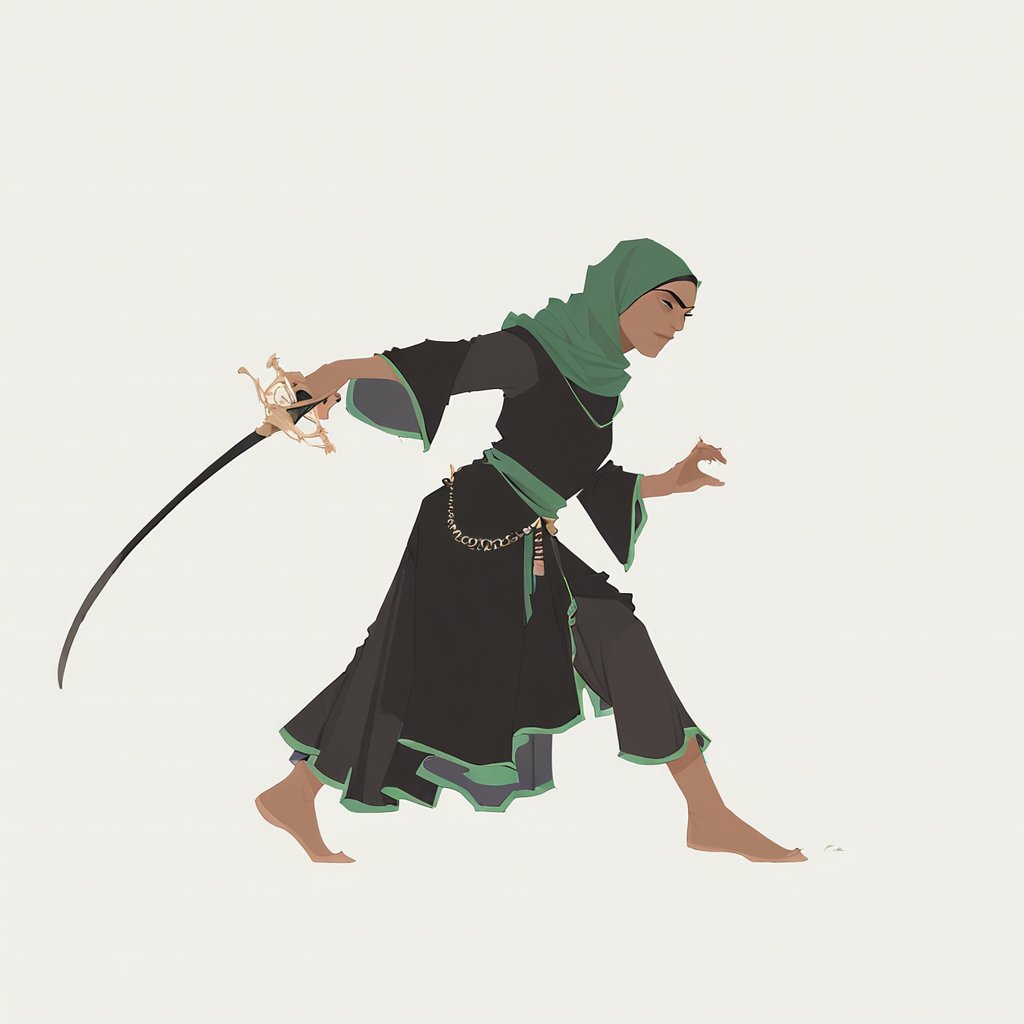 score_9, score_8_up, score_7_up, score_6_up dnd, 1girl, woman, full body, tan skin, green hijab, traditional muslim clothes, long black dress with green and gold accents, holding a sword, turned to side, side view, ready pose, idle pose, fighting stance, slightly leaning forward 