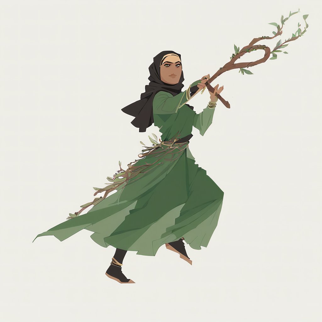 score_9, score_8_up, score_7_up, score_6_up dnd, 1girl, full body, tan skin, hijab,, traditional muslim clothes, green clothes, holding a long wooden wizard staff, turne to side, side view, action pose