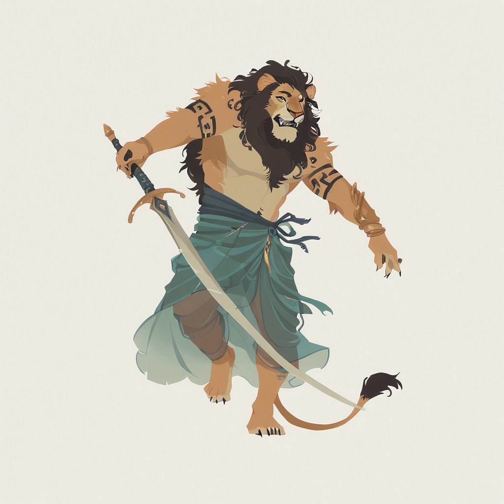 score_9, score_8_up, score_7_up, score_6_up dnd, lion monster, humanoid lion, full body, muscular, sarong, barefoot, traditional indian clothes, lifting traditional sword