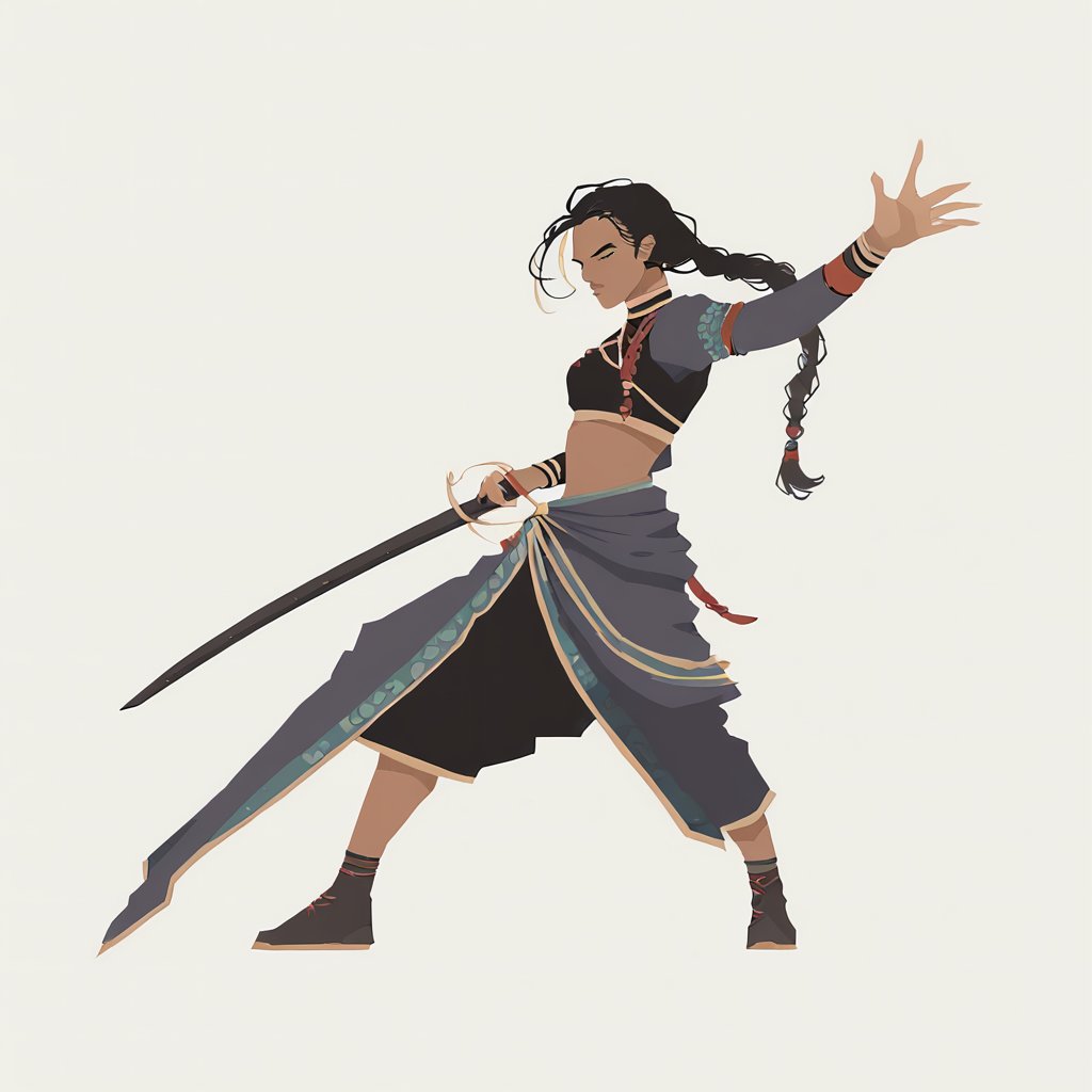 score_9, score_8_up, score_7_up, score_6_up dnd, 1girl, woman, full body, tan skin, plaited braided hair, traditional indian clothes, long sarong with green and gold accents, black crop top with short puff sleeves, holding a sword, turned to side, side view, ready pose, idle pose, fighting stance, curvy figure,