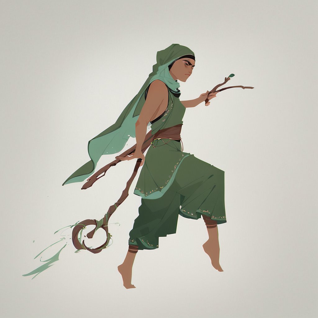 score_9, score_8_up, score_7_up, score_6_up dnd, 1girl, full body, tan skin, hijab,, traditional muslim clothes, green clothes, holding a long wooden wizard staff, turne to side, side view, action pose