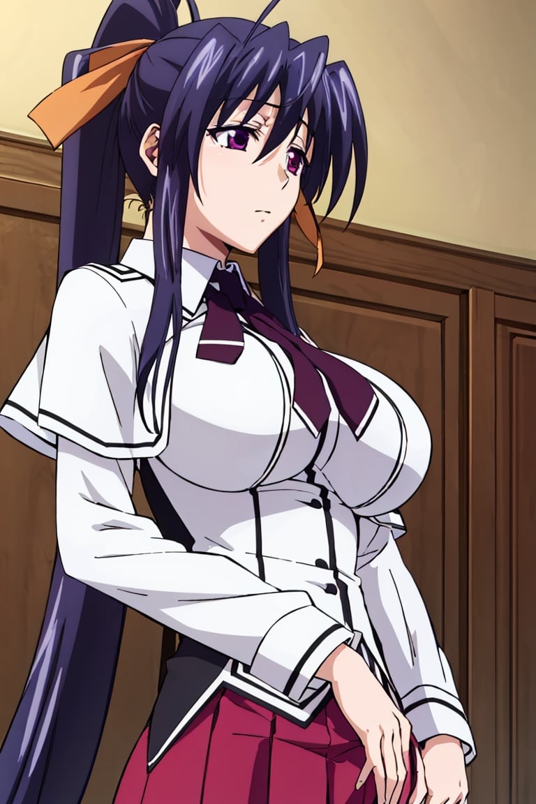 akeno himejima, long hair, black hair, ribbon, very long hair, (purple eyes:1.1), hair ribbon, ponytail, antenna hair,large breast

skirt, school uniform, shirt, white shirt, capelet, black capelet, long sleeves, red skirt,,AKENO HIMEJIMA