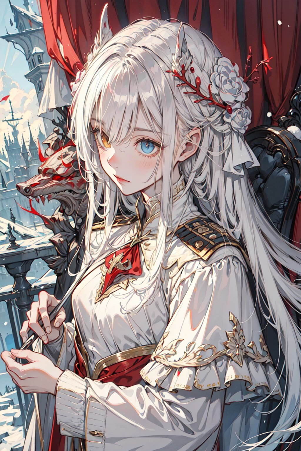 Fantasy magic world, 1 military captain girl, long silver hair, bright heterochromia eyes, detailed red-white winter military clothes, filigree design clothes, interior magical airship, holding a helm,perfecteyes