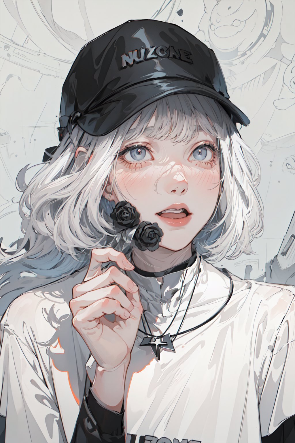 masterpiece, best quality, 1girl, flat color, lineart, black white theme , black hat , black shirts , one_hand_raised , necklace