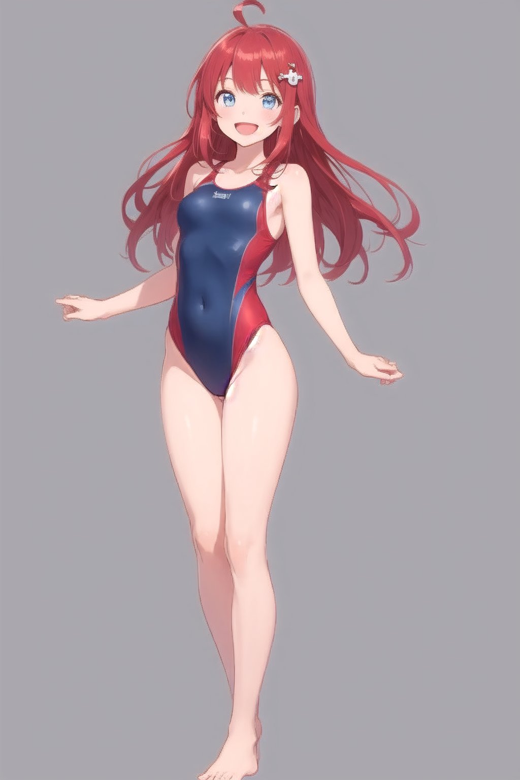 1girl, solo, long hair, looking at viewer, smile, open mouth, blue eyes, simple background, hair ornament, white background, standing, full body, ahoge, :d, red hair, one-piece_swimsuit 