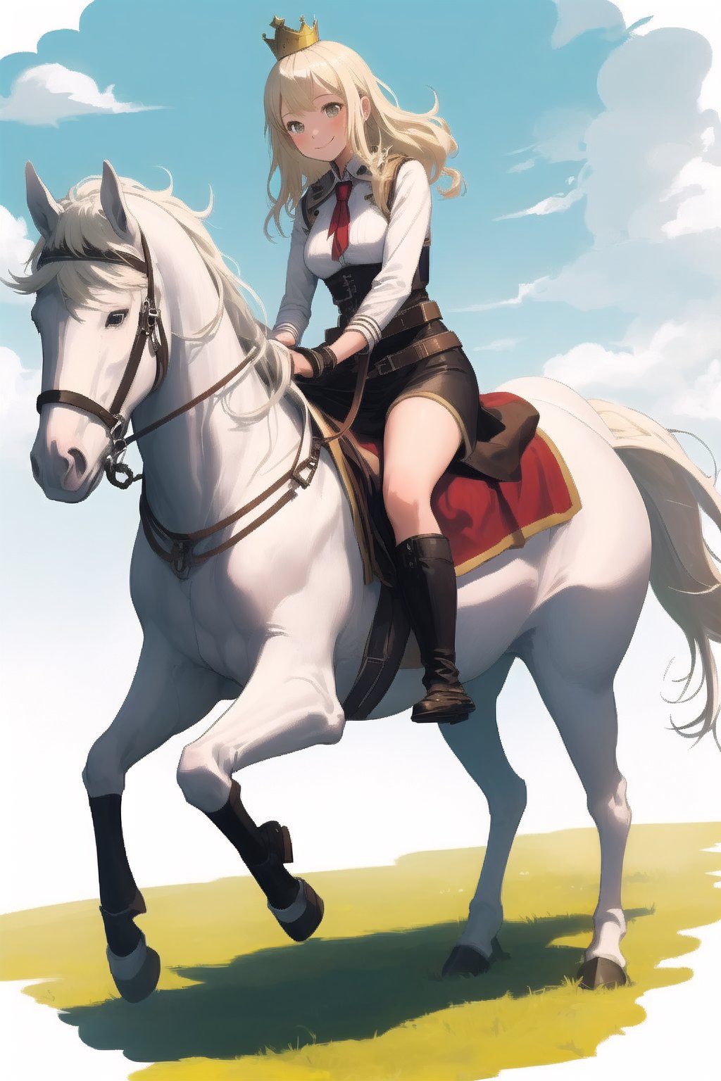 solo, smile, simple background, 1girl, blond,white background, female focus, crown, riding, ((white horse)), horseback riding,shy, full body 