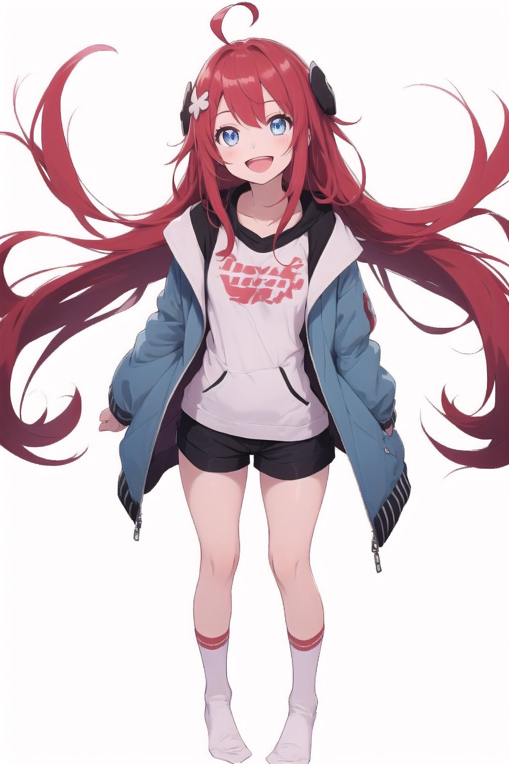 1girl, solo, long hair, looking at viewer, smile, open mouth, blue eyes, simple background, hair ornament, long sleeves, white background, standing, jacket, full body, ahoge, :d, red hair, shorts, socks, sleeves past wrists, v