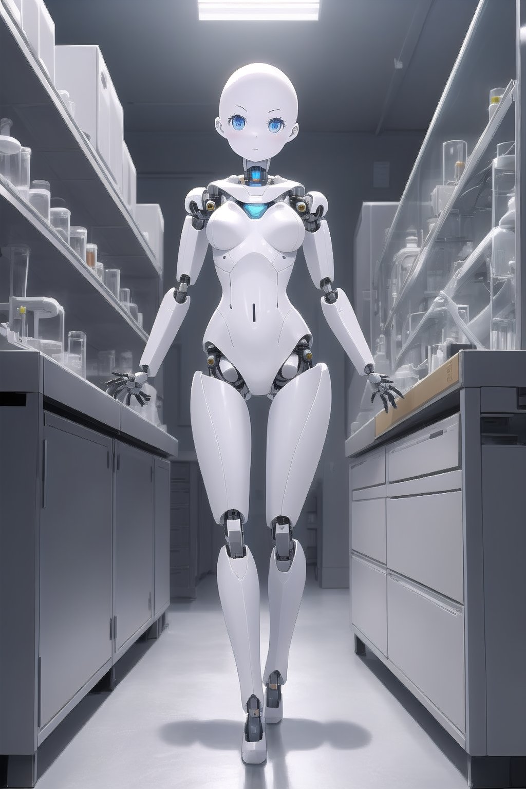 White girl robot white skin bald head and full body standing in the laboratory