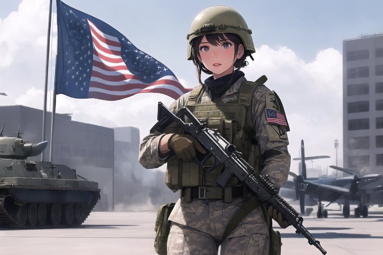 gloves, weapon, female focus,  belt, uniform, gun, military, military uniform, helmet, smoke, shield, city, realistic, aircraft, military vehicle, flag, airplane, battle, watercraft, superhero, ship, american flag, soldier, war, united states, army