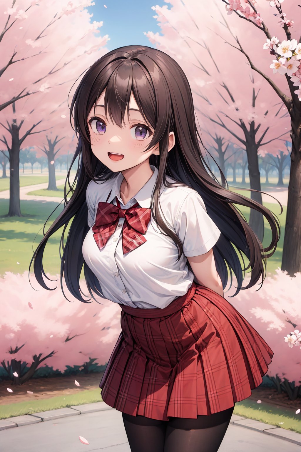 masterpiece, best quality, highres, aamahiru, long hair, red bowtie, white shirt, short sleeves, plaid skirt, brown skirt, pantyhose, , standing, cowboy shot, leaning forward, arms behind back, outdoors, cherry blossoms, smile, open mouth.