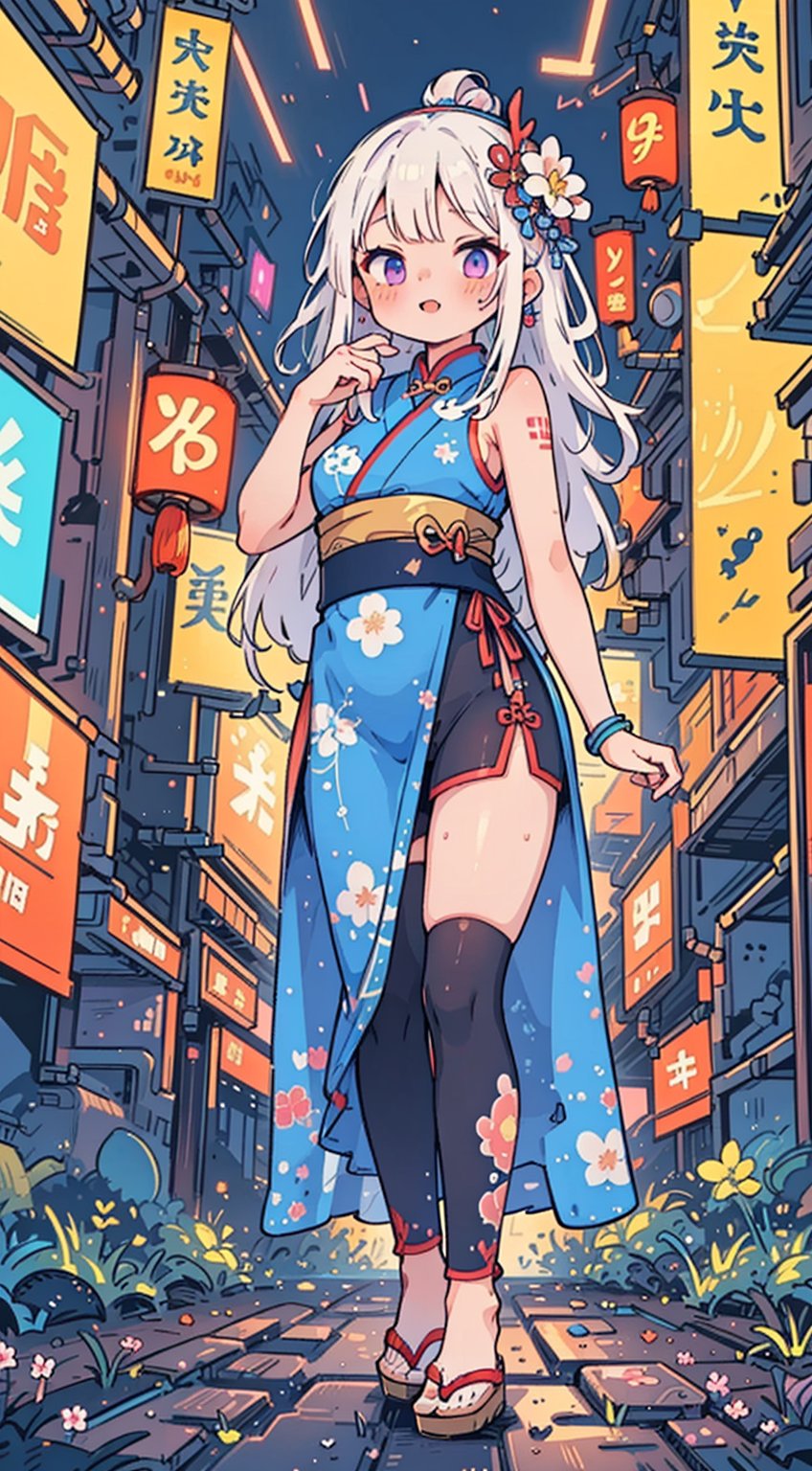 Sexy Pose , (masterpiece),(solo), 1 Japanese beauty, white hair ,  (high sexual attraction,long hair), in the dark night, (sexy Chinese Hanfu+body implants) ,(highly detailed background of ancient Indian achitechture with neon lights) ,Cyberpunk,Enhance,  Chinese fantasy art