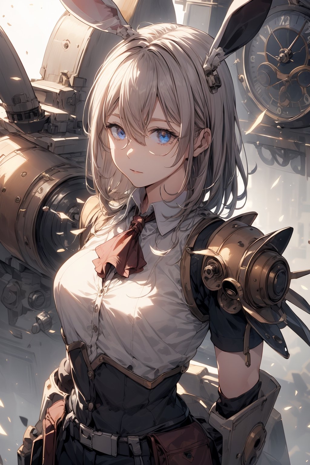 (Best Quality, highly detailed, Masterpiece:1.2), 16k, depth of field, Scenes with high tension, camera movement, anime Characters, dim lighting, Depth of field, details skin Texture, clothes Normal, grey tone, steampunk style, extreme closeup, woman, Scholars, mecha rabbit ears,  glasses, mecha armor on the arm, shoulder armor, Rusty, white blouse, ascot, Jodhpurs, Nobles clothes, giant clock background, Precision clock, Hollow out clock, glass, Clock Tower, Industrial era, smoke spark, dust, glowing effect, (Fantasy aesthetic style), (realistic light and shadow), (real and delicate background),mecha