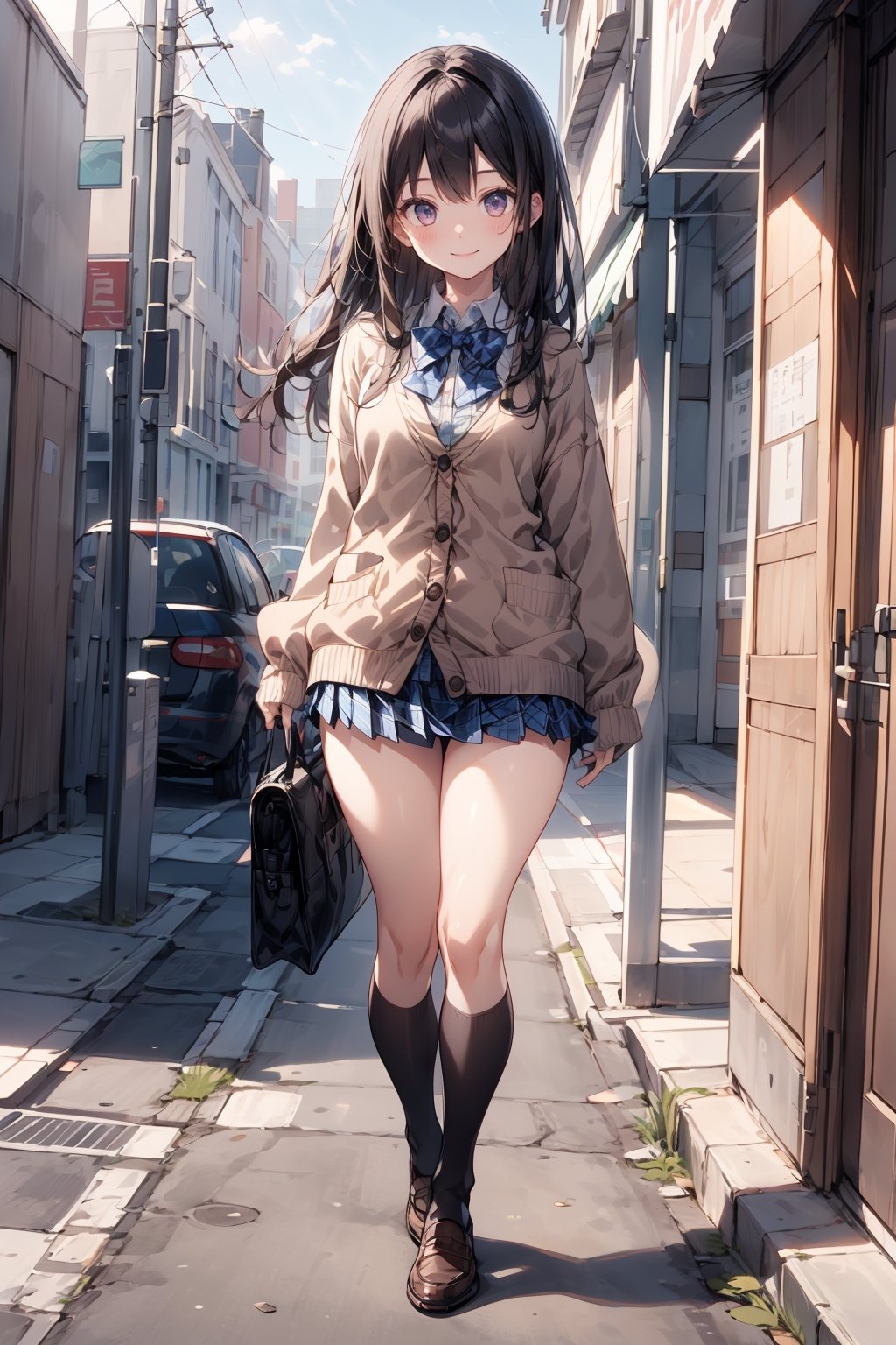 absurdres, highres, ultra detailed, (1girl:1.3), BREAK ,loose bowtie,(brown cardigan),blue skirt,(plaid skirt),(((micro miniskirt))), micro miniskirt, sunlight, long hair,black hair,black kneehighs,outdoors  ,full body,loafers ,micro miniskirt,cardigan,smile