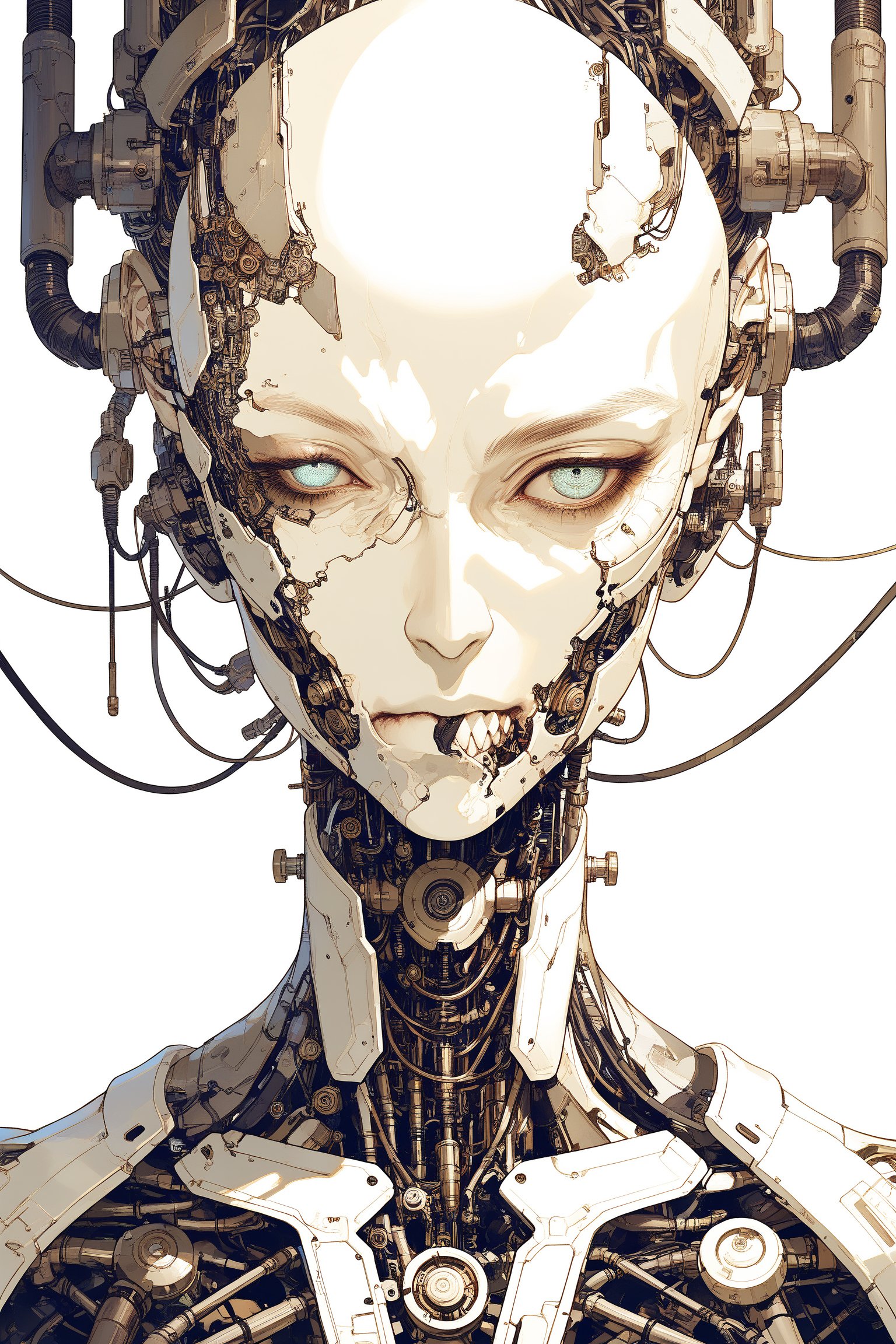 A highly detailed cyberpunk male cyborg with a completely bald head, realistic human features, and intricate mechanical components and wires integrated seamlessly into the head. The cyborg has a mechanical mask covering the mouth and jaw area, and a serious expression. The setting is a dystopian, industrial environment with a soft background blur.