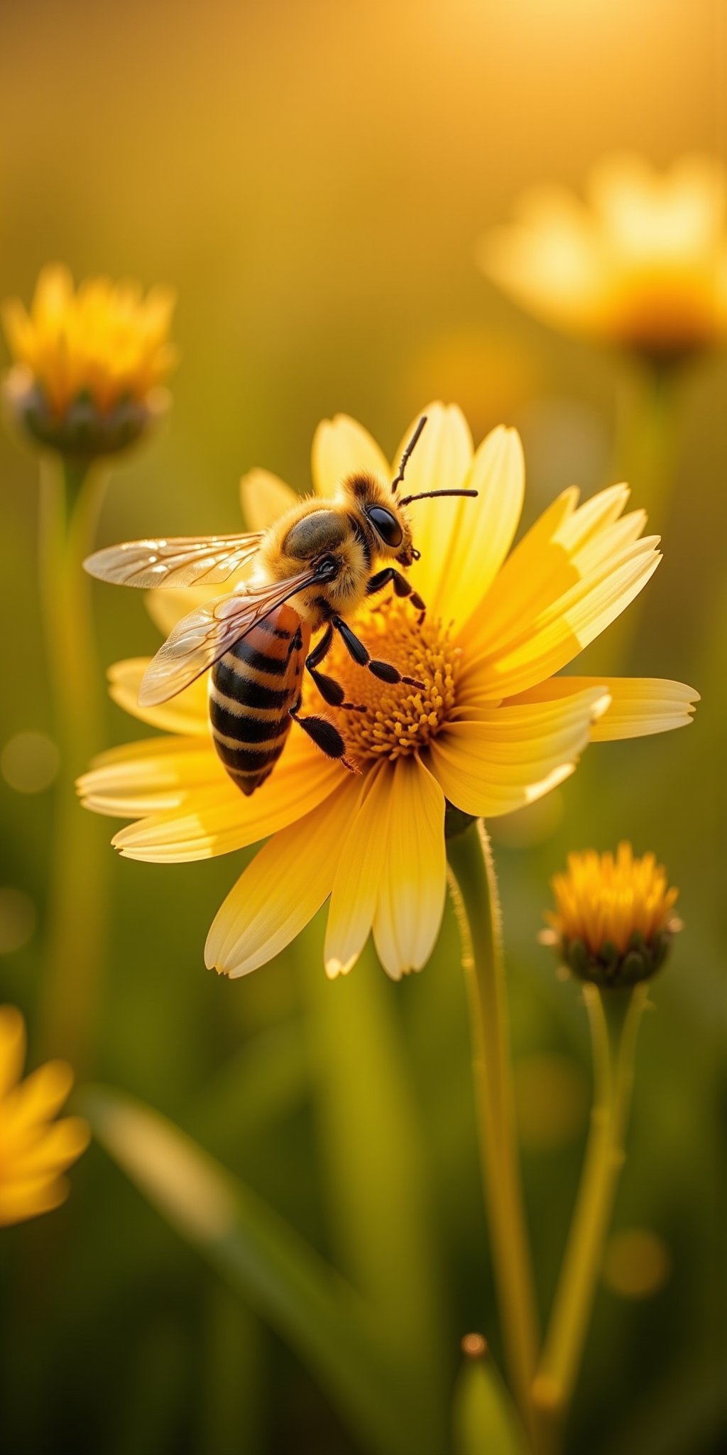 A majestic honeybee perches delicately on a vibrant yellow and white flower, its translucent wings glistening in the warm sunlight that casts a gentle glow on the petals. The bee's furry body blends seamlessly with the surrounding foliage as it collects nectar from the flower's center. The 8K resolution captures every intricate detail of the natural scene, from the delicate pollen grains to the soft focus of the blurred background.