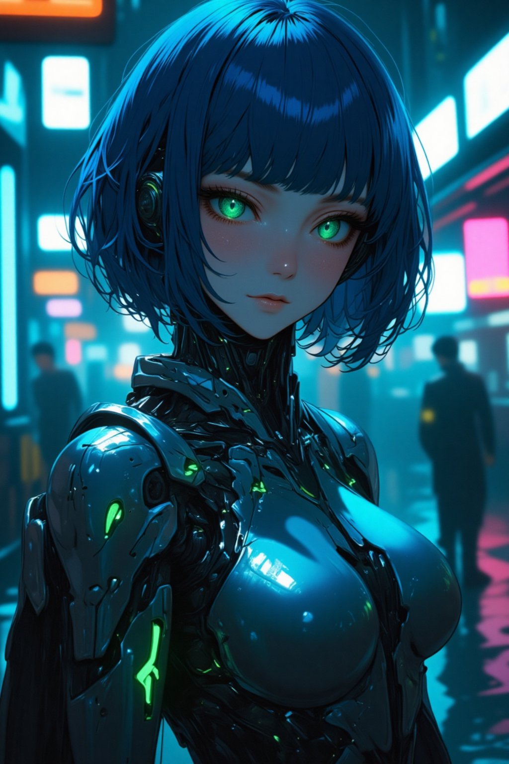 A futuristic close-up of a woman in a sleek suit, her blue hair styled in a chic bob. She's a cyborg with silver metallic plating on her arms and torso, glistening under the dim blue lighting. Her piercing green eyes gleam as she gazes directly at the camera, her facial expression a perfect blend of confidence and curiosity. The framing is tight, focusing on her striking features amidst the intricate cybernetic enhancements. In the background, a cityscape's neon lights hum with energy, reflecting off the metallic surfaces of her suit.