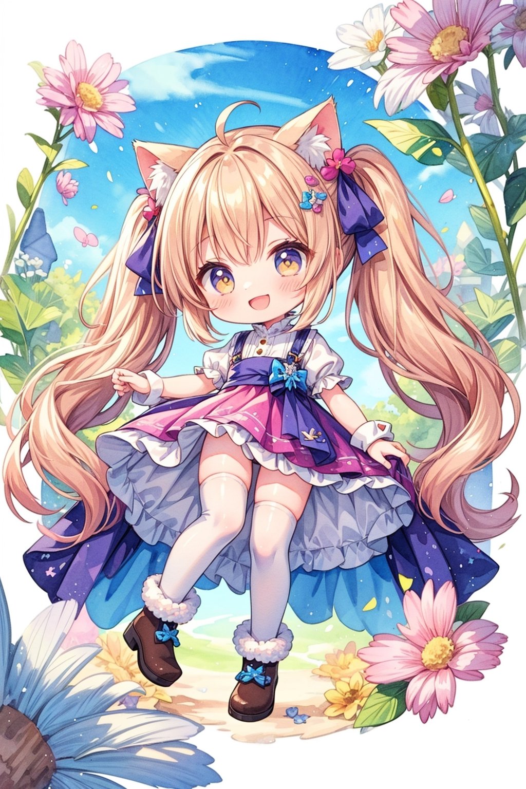 Cat-eared girl in long boots,chibi,smile,(twin tail:1.2),princess,dress,flowers,Watercolor,(high socks:1.5),,(white_thighhighs:1.5)