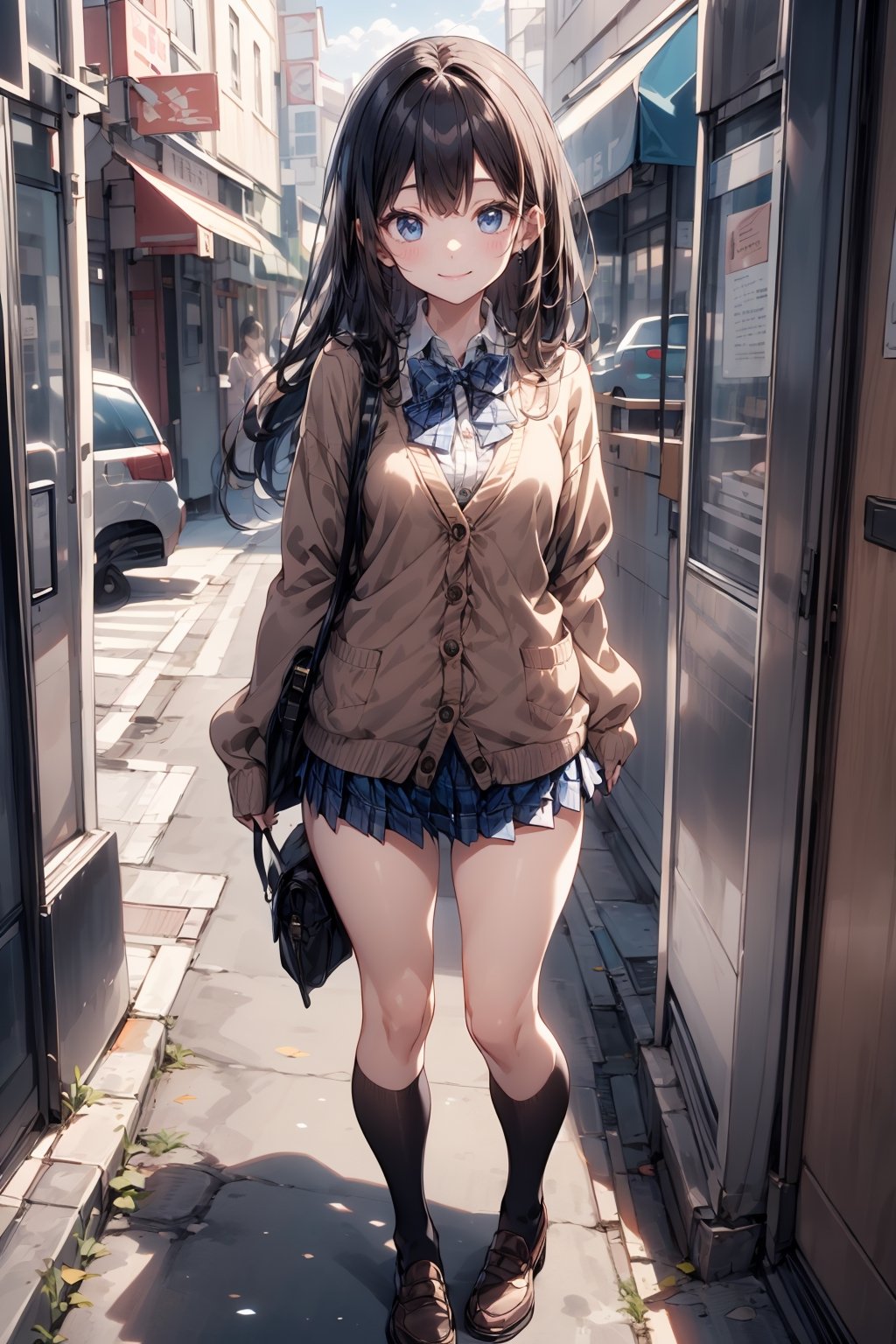 absurdres, highres, ultra detailed, (1girl:1.3), BREAK ,loose bowtie,(brown cardigan),blue skirt,(plaid skirt),(((micro miniskirt))), micro miniskirt, sunlight, long hair,black hair,black kneehighs,outdoors  ,full body,loafers ,micro miniskirt,cardigan,smile