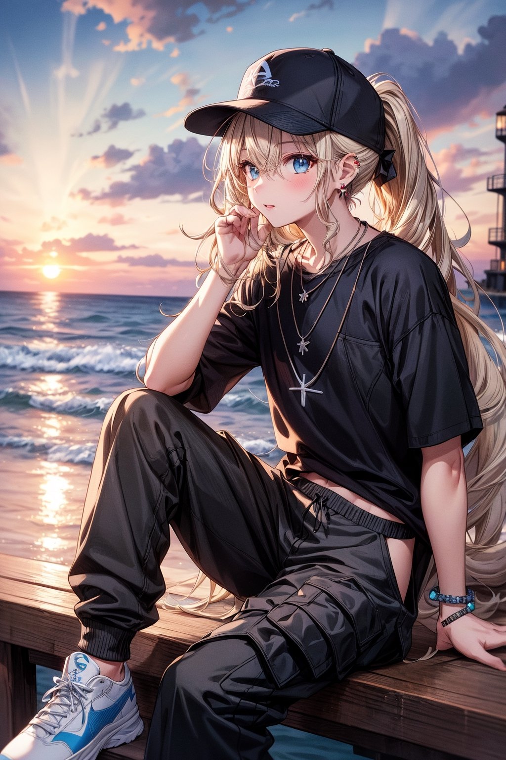 French girl,grey blonde hair(very long hair, curly_hair),long ponytail,hiphop dancer,wearing all black clothes (loose fit top and wide cargo pants),sneakers,accessories(necklace,ear_rings)baseball cap, sitting at sea bank,horizon,seaside,vivid sea color,red lighthouse,sunset,Best Quality, 32k, photorealistic, ultra-detailed, finely detailed, high resolution, perfect dynamic composition, beautiful detailed eyes, sharp-focus, cowboy_shot, 