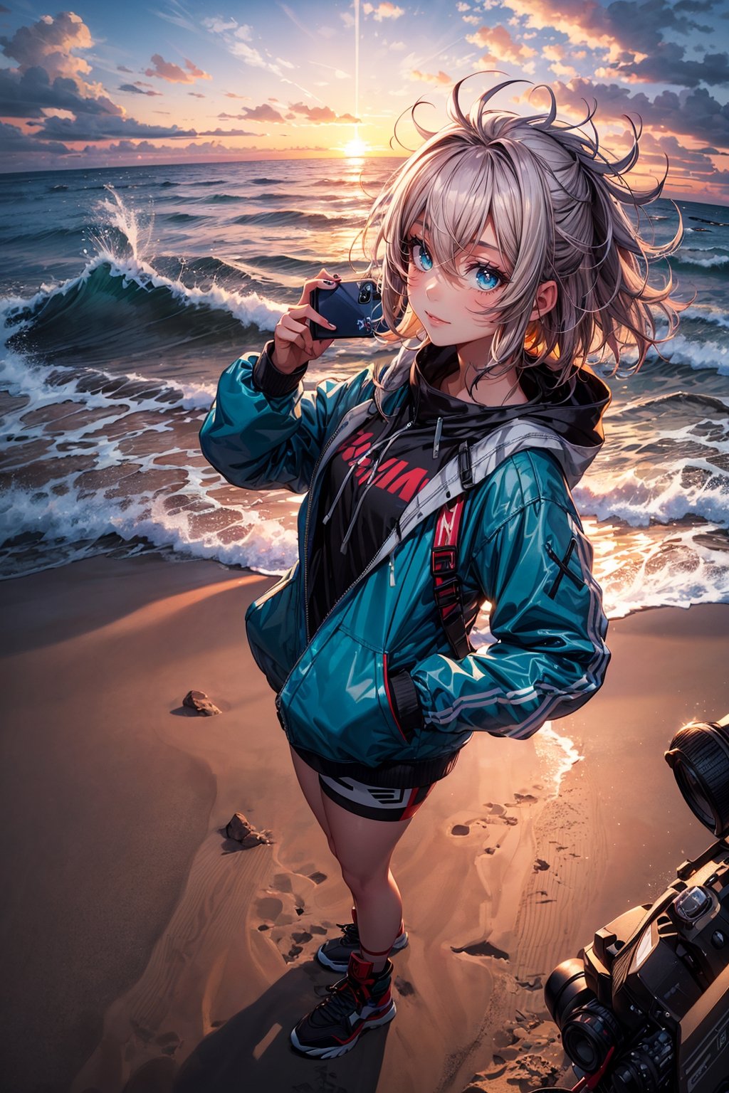 xxmix_girl,a woman takes a fisheye selfie on a beach at sunset, the wind blowing through her messy hair. The sea stretches out behind her, creating a stunning aesthetic and atmosphere with a rating of 1.2.,xxmix girl woman