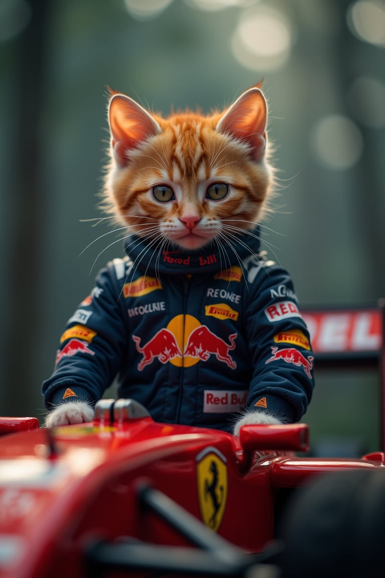 cinematic film still ((BBC Style)) picture of an kitten mobster in (wildlife) , dressed as formula 1 race car driver wearing redbull outfit, shallow depth of field, vignette, highly detailed, high budget, bokeh, cinemascope, moody, epic, gorgeous, film grain, grainy, high quality photography, 3 point lighting, flash with softbox, 4k, Canon EOS R3, hdr, smooth, sharp focus, high resolution, award winning photo, 35mm, wide angle shot, full_length, f2.8, bokeh, in the style of Garry Winogrand – Street Photography