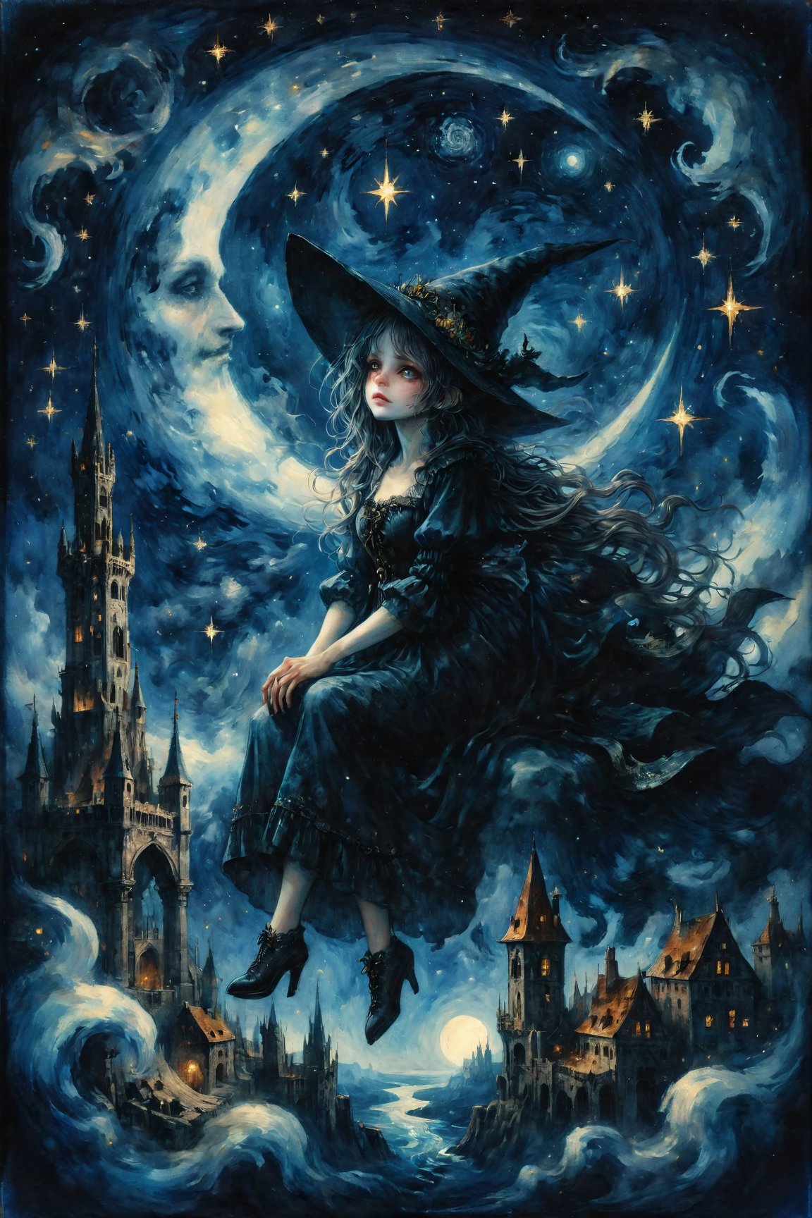 (masterpiece, top quality, best quality, official art, beautiful and aesthetic:1.2), (1girl:1.4), extreme detailed, a witch sitting on a crescent moon through a starry night, captured in the detailed gouache style of Hieronymous Bosch and Klimt,