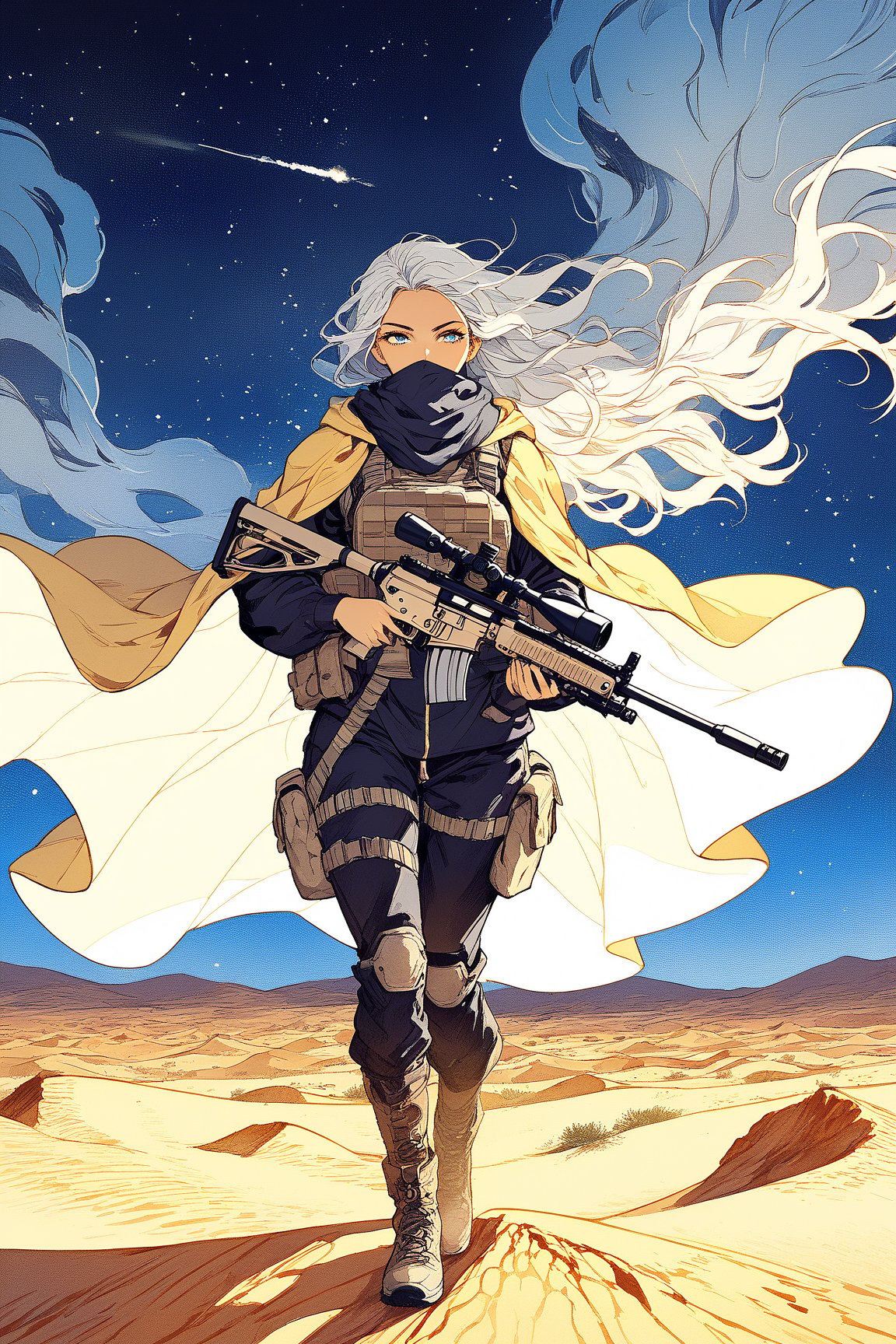 A 38 year old special forces elite woman,  rugged clothing suitable for the rigors of war,  complemented by a long cloak t...