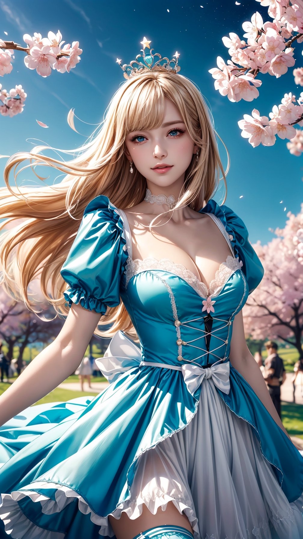 (best quality, masterpiece, illustration, designer, lighting), (extremely detailed CG 8k wallpaper unit), (detailed and expressive eyes), detailed particles, beautiful lighting, a cute girl, long blonde hair, wearing a teddy bear tiara, donning a beautiful blue and white dress with ruffles and lace, sheer pink stockings, transparent aquamarine crystal shoes, bows around her waist (Alice in Wonderland), butterflies around, (Pixiv anime style),(manga style), ((floating in sky)), flowy dress, ((cherry blossoms falling around her)), colorful, sky, stars, celestial body, atmosphere, (dreamy world:1.4),cinematic shot, low angle shot, High contrast, smooth,Detailedface,perfecteyes,light smile,