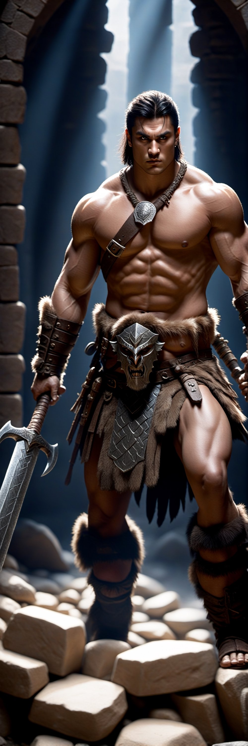 ntricately detailed illustration of a barbarian, dynamic pose with a warhammer, dark ambient, (((in a dungeon made of stones and bricks))) short hair, young strong man, backlit, raytraced, front view, gorgeous body, extremely realistic, full body shot, fantastical, imaginative, visually rich, atmospheric, zoomed, 32k resolution, best quality,