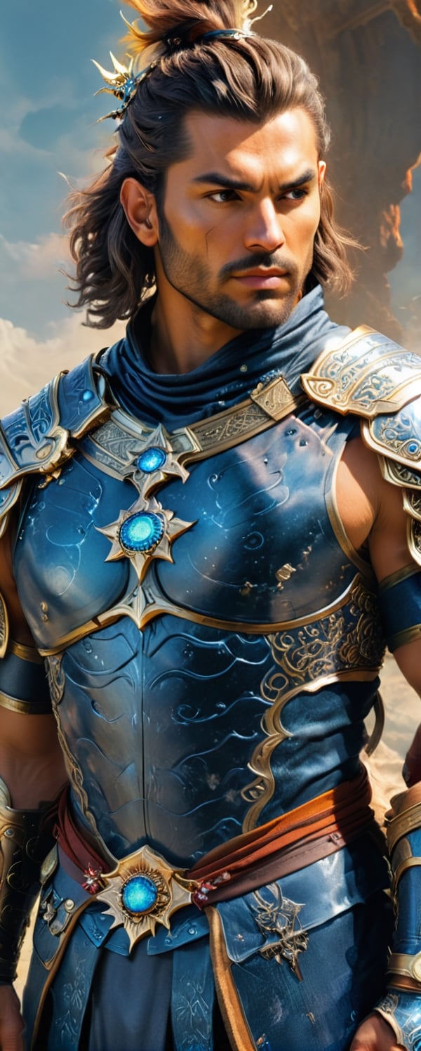 high quality, 8K Ultra HD, ultra-realistic, Behold the breathtaking beauty of the stunning beautiful male magic warrior, the embodiment of an RPG protagonist, , Every detail of beautiful male magic warrior is meticulously crafted, capturing a sense of realism akin to a photo, dorned with celestial runes and symbols, the hilt channels the very essence of the cosmos, empowering her with unrivaled magical might, His attire is a masterpiece of enchantment, blending midnight blues and silvery hues to create an ethereal aura, , A full set of armor, expertly crafted with intricate patterns and celestial motifs, both protects and enhances his magical heritage,high detailed,full_body