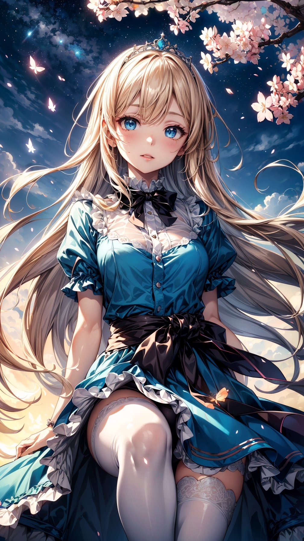 (best quality, masterpiece, illustration, designer, lighting), (extremely detailed CG 8k wallpaper unit), (detailed and expressive eyes), detailed particles, beautiful lighting, a cute girl, long blonde hair, wearing a teddy bear tiara, donning a beautiful blue and white dress with ruffles and lace, sheer pink stockings, transparent aquamarine crystal shoes, bows around her waist (Alice in Wonderland), butterflies around, (Pixiv anime style),(manga style), ((floating in sky)), flowy dress, ((cherry blossoms falling around her)), colorful, short_skirt,sky, stars, celestial body, atmosphere, (dreamy world:1.4)