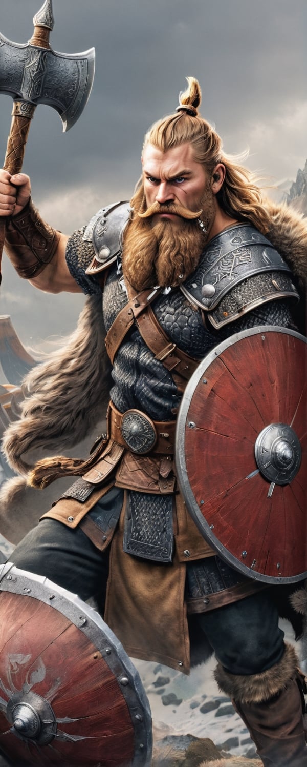 masterpiece､ultra Detailed, hyper Quality, 1 Elder Nordic Viking Warrior,light brown hair, braded hair, long beard, He is wielding a ax in one hand and a shield in the other.,