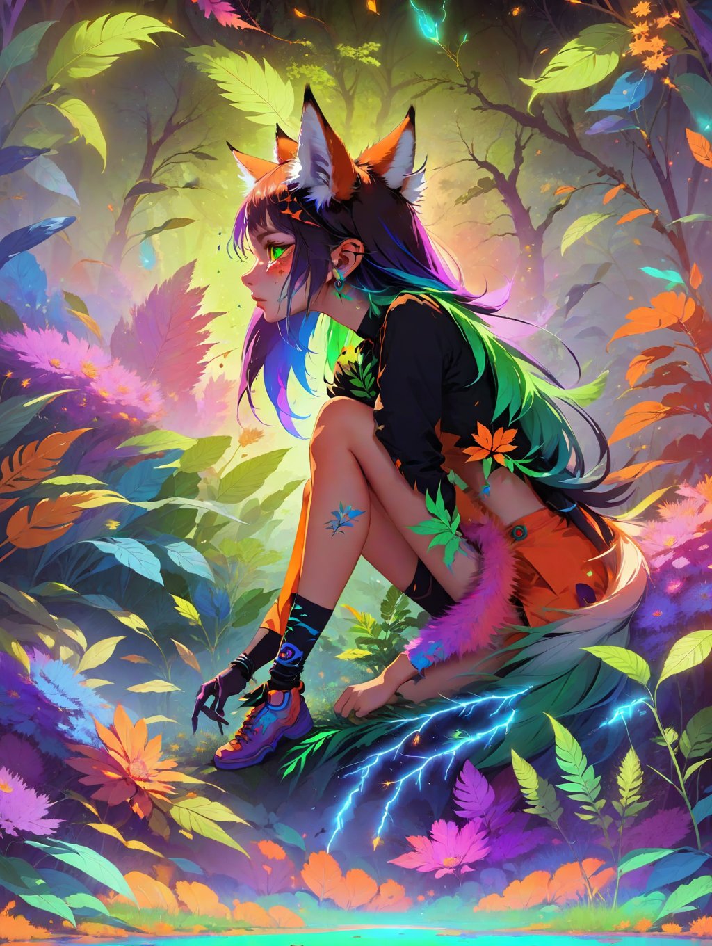 (masterpiece:1.1), (highest quality:1.1), (HDR:1.0), extreme quality, cg, (negative space), detailed face+eyes, 1girl, fox ears, animal ear fluff, (plants:1.18), (fractal art), (bright colors), splashes of color background, colors mashing, paint splatter, complimentary colors, neon, (thunder tiger), compassionate, electric, limited palette, synthwave, fine art, tan skin, upper body, (green and orange:1.2), time stop, sy3, SMM,dfdd,lofi,2d_animated