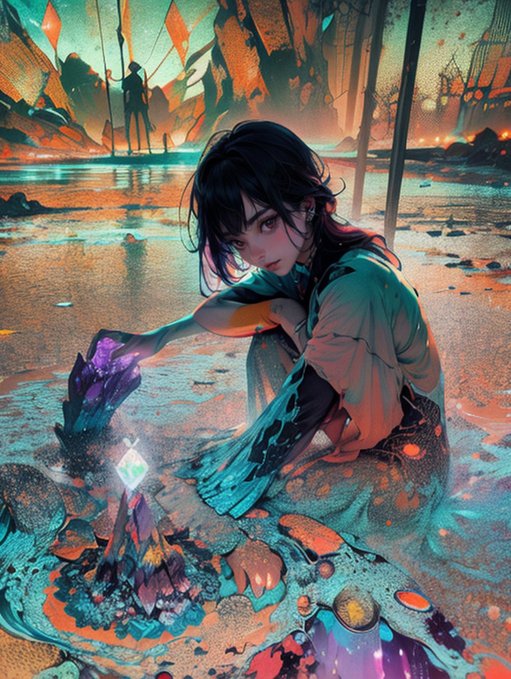 1 woman, crystals rays of lights refraction surreal orange and purple Alberto Seveso (masterpiece, photorealistic) (best quality) (dramatic lighting ) (sharp focus),exposure blend, medium shot, bokeh, (hdr:1.4), high contrast, (cinematic, teal and orange:0.85), (muted colors, dim colors, soothing tones:1.3), low saturation,