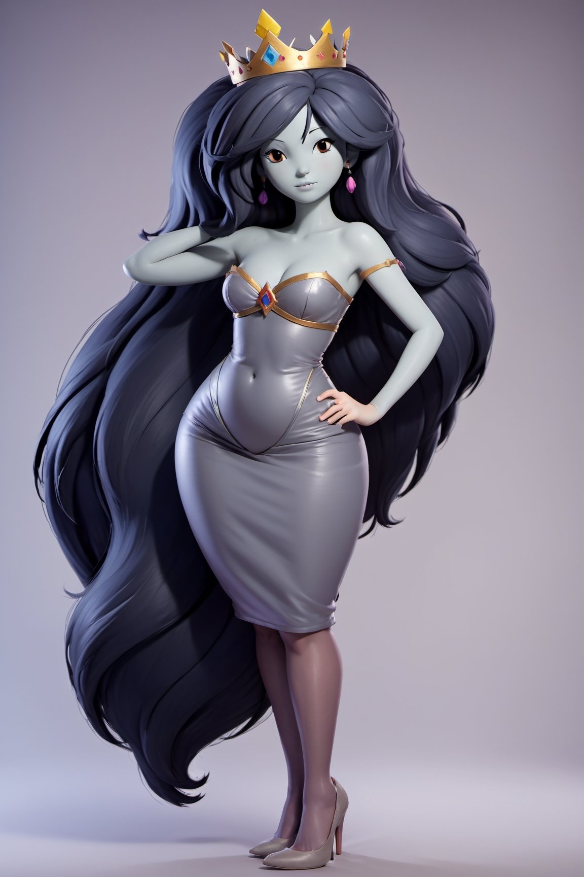 Upper body view, 3d style image of Marceline from Adventure Time, wearing a princess cosplay, big boobs, background of a magical forest, grey skin color