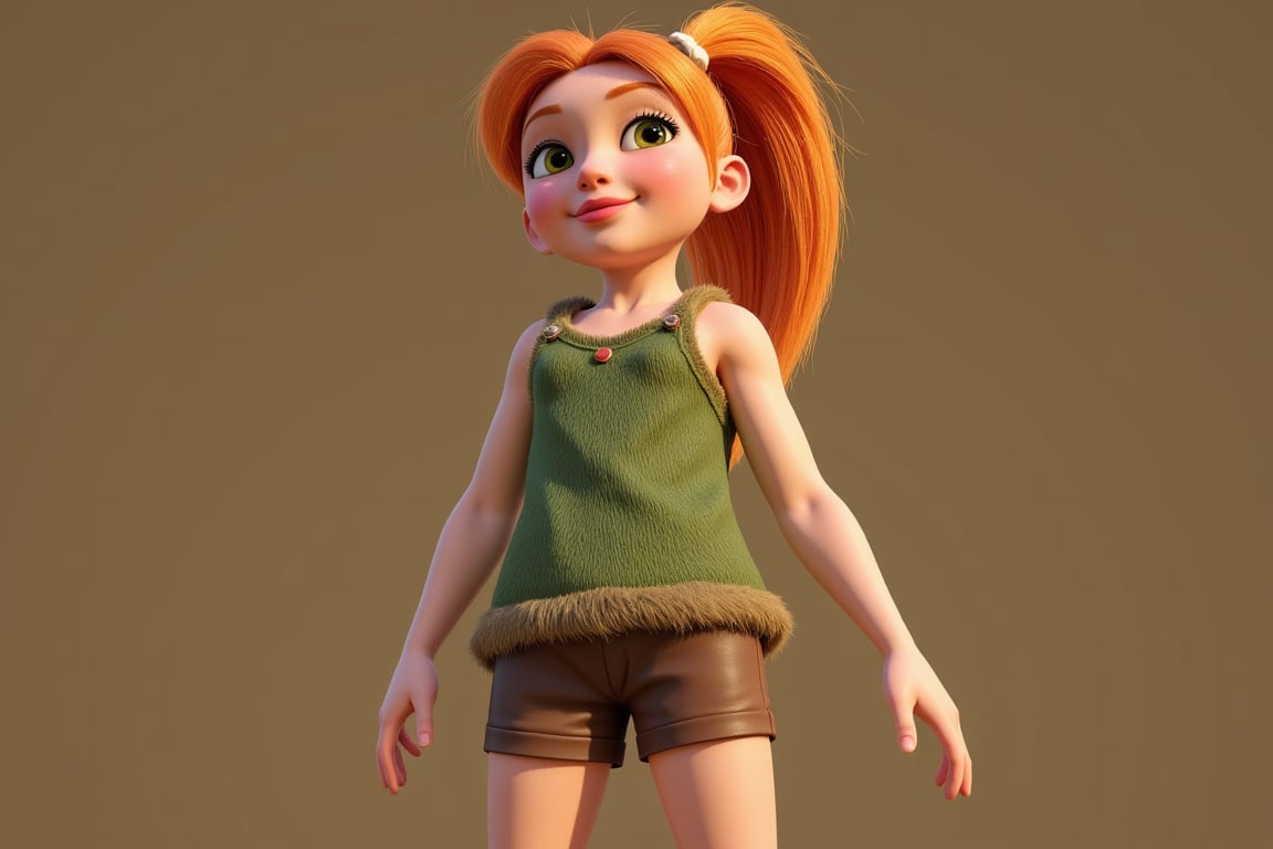 "create a hyper realistic image of A lively 8 years old young girl with bright red hair tied in a high ponytail, with a bone-shaped accessory that looks  but playful. She wears a small green tunic made of fur-like material, paired with brown prehistoric-style shorts. Her expression is energetic and curious, and her outfit blends a youthful 1950s playwear look with prehistoric textures, capturing her adventurous spirit