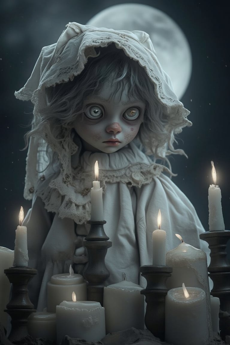 1girl, haunted doll wear a white dress, white candles everywhere, FULL MOON BACKGROUND