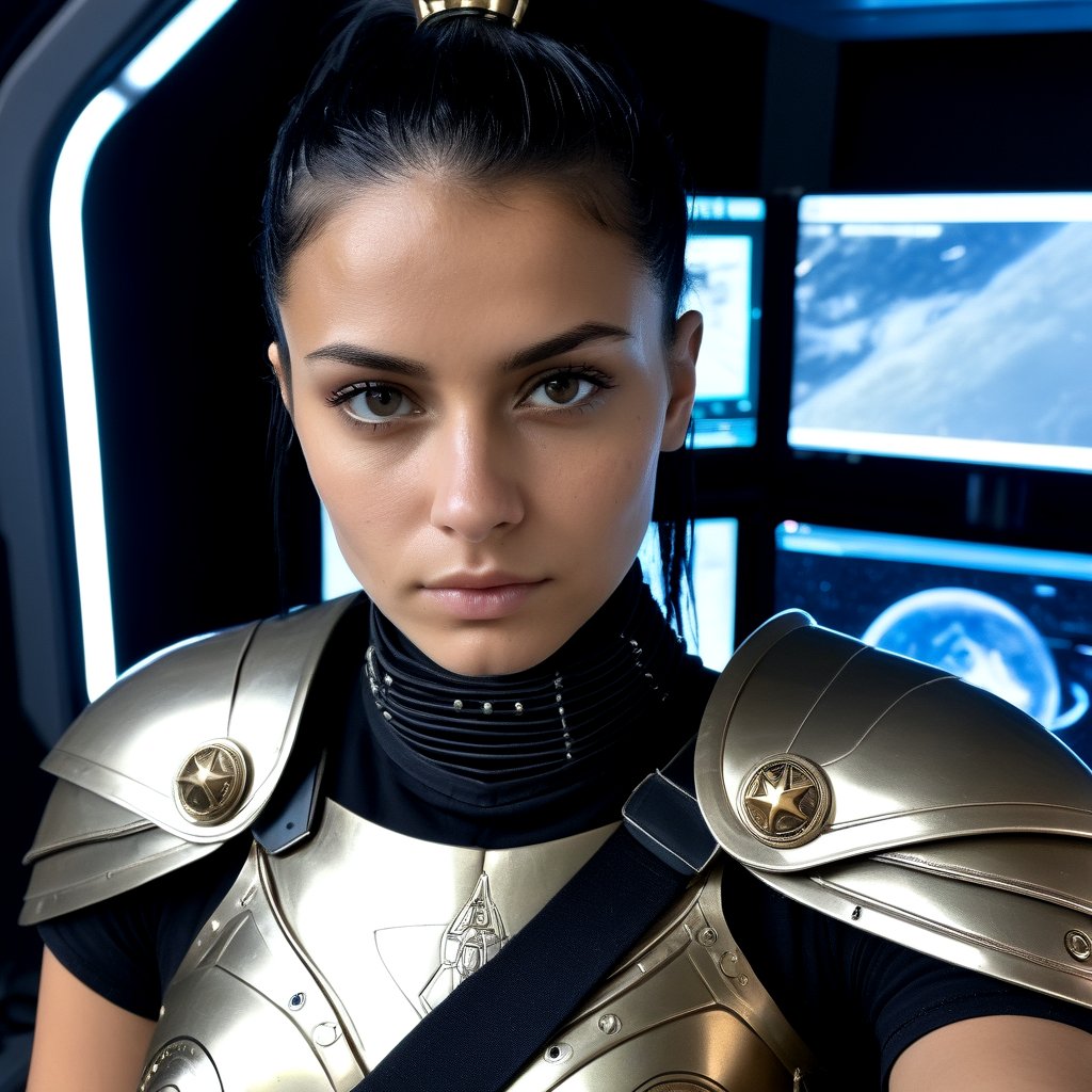 Selfie shot, closeup, A fearless roman female warrior, romanarmy, synthetic tunic, futuristic kevlar armor, cape, italian female with olive skin and acquilline nose, 20yo, black hair, ponytail, indoors, spaceship, windows, cyberspace outside, stars, planets, style, screens, control panels, metal, intricate details, insane details,  cinematic shadows, cinematic lights, many screens around, detailed face, skin pores, skin imperfections