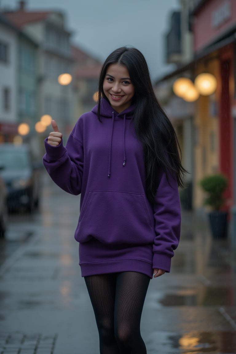 photo, realistic, Film still, raw photo, 4k photoportrait, tall, slim, 19yo, masterpiece german female, full lips, freckles, (very long jetblack hair), (thumbs up:1.2) , long purple hoodie, skirt , black pantyhose with stripe texture, flat shoes, outdoors, cheerful female,  town, rainy evening, water drips,  edge detection, (insane details:1.4)