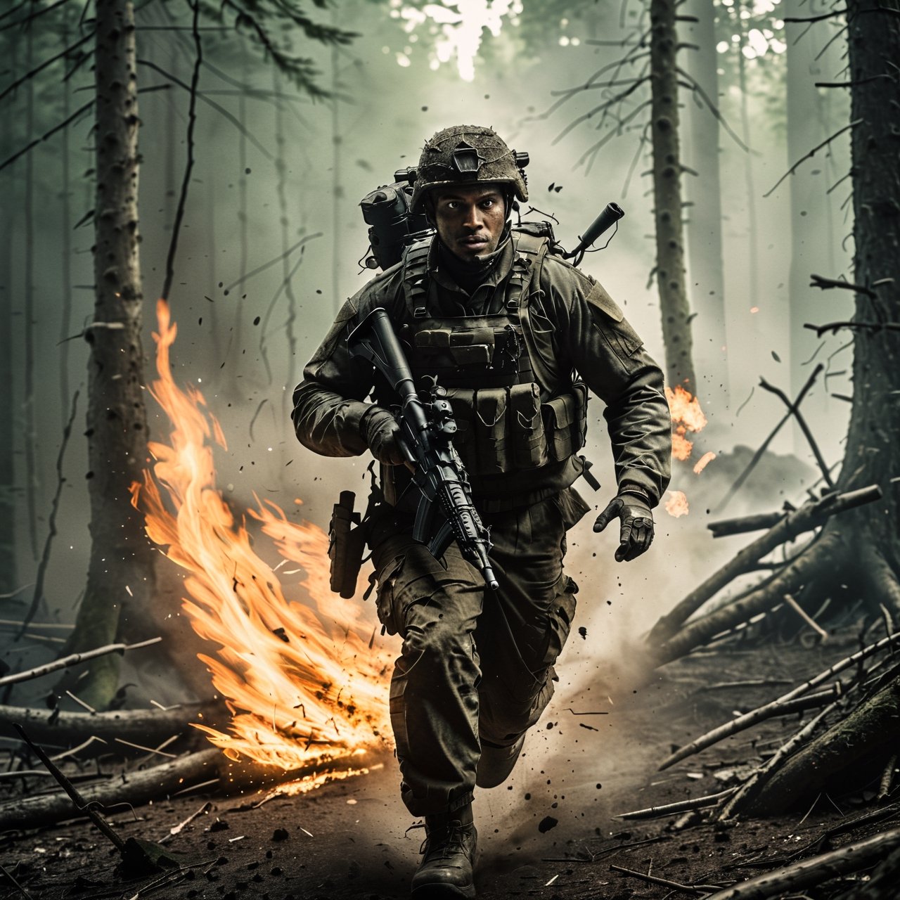 a special elite soldier running through a forest away from an explosion, long distance photography 